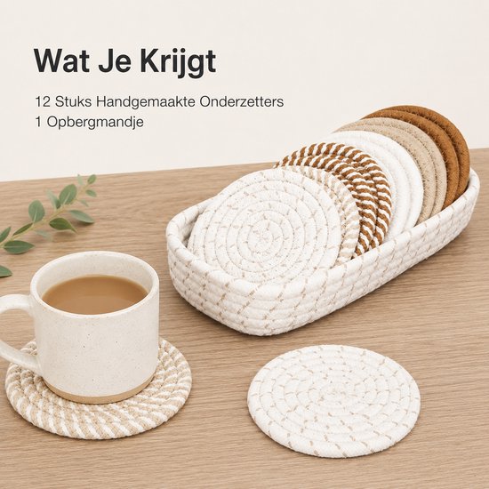 Onderzetters van gevlochten touw in een mandje, met de tekst 'Wat Je Krijgt'.