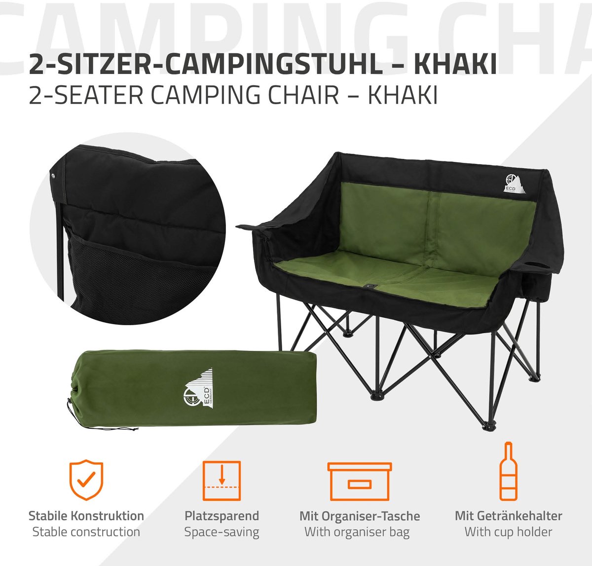 ECD Germany Campingstoel 2 personen opvouwbaar, dubbele klapstoel serie, khaki outdoor bank met stalen frame en bekerhouders, inclusief handige draagtas, gevoerd campingsofa voor camping vissen strand en tuingebruik — cadeau in Sport & Outdoor - foto 8