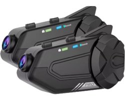 Motorhelm Intercom Met 1080P Full HD Dashcam - Bluetooth Headset - 1000M Bereik - WiFi App Bediening - 64GB Opslag - Noise Cancelling - Voice Control - Waterdicht - FM Radio - 1500mAh Batterij - Ideaal Voor Toerritten & Groepscommunicatie - 2 Stuks