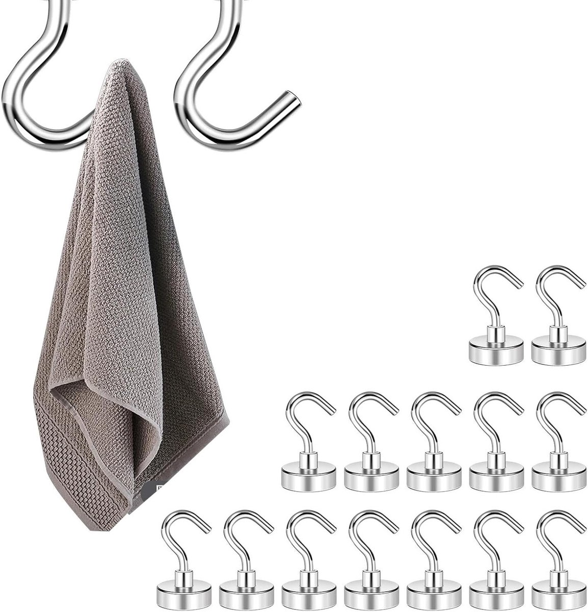 15-delige set magnetische haken van roestvrij staal voor het ophangen van handdoeken, hoeden en sleutels, met een draagvermogen van 5.5 kg en ruimtebesparend ontwerp
