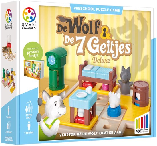 Boîte du jeu 'Le Loup et les 7 Chevreaux Deluxe' avec pièces de jeu, livre d'images et plateau de jeu.