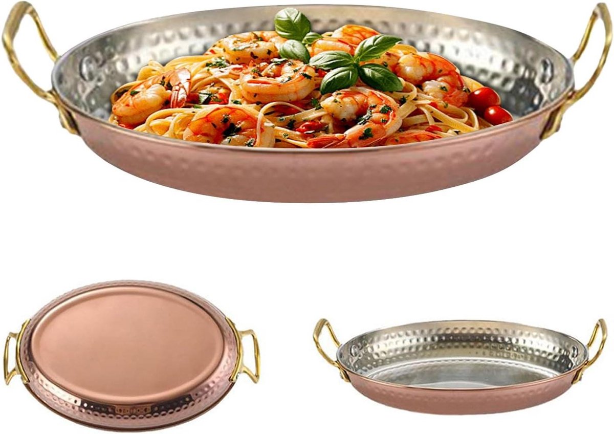 Paella Pan Roestvrij Staal Grote Maaltijden Koken Dubbele Handvatten 18x12.5cm Goud
