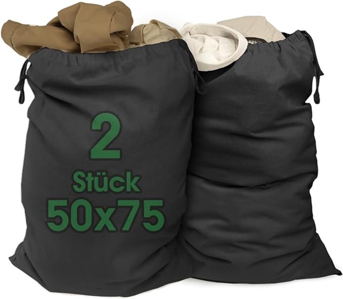 Extra Grote Waszakken 50x75 cm - 2 Stuks - Zwart - Katoen met Trekkoord