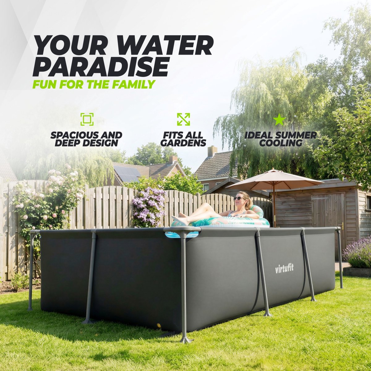 VirtuFit Rechthoekig Zwembad 260 x 180 x 66 cm - Incl. Filterpomp - Opzetzwembad - Duurzaam & Veilig Stalen Frame - Antraciet — afbeelding 5
