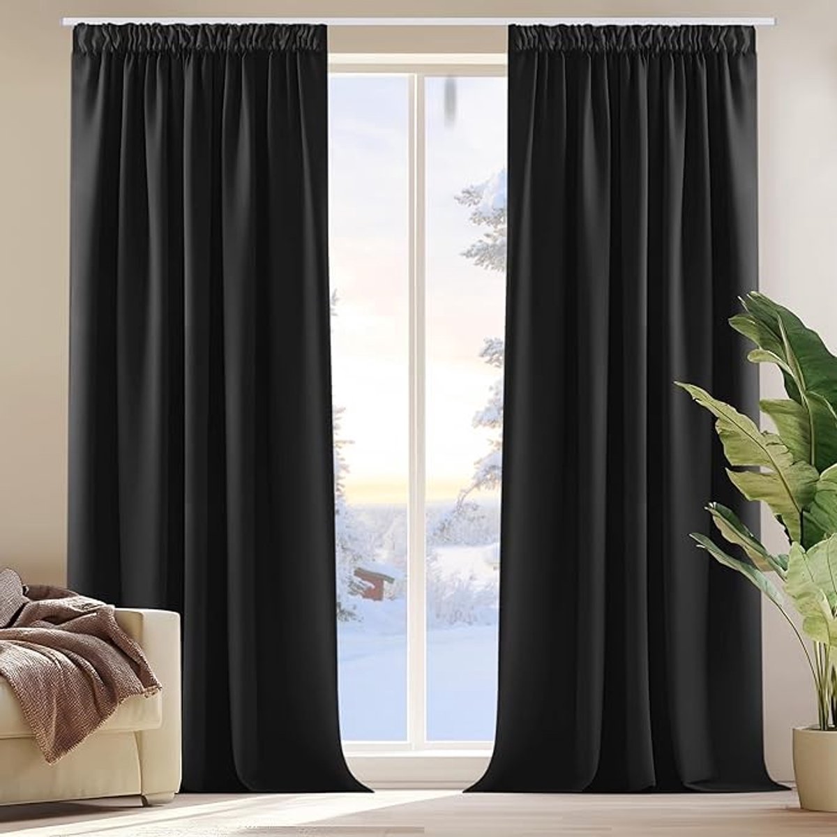 AFRIMA Verduisterende Gordijnen met Plooiband - Zwart - 140x220 cm - 2 Stuks