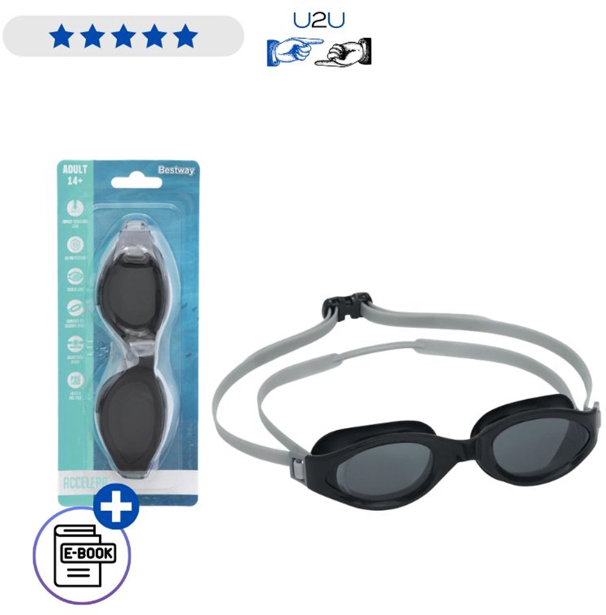 Bestway Zwembril 21077 Zwart - Comfortabele Swimming Goggles Met UV Bescherming En Anti Fog Lenzen - Verstelbare Zwembril Voor Zwembad Strand En Watersport Vanaf 14 Jaar Met Ebook