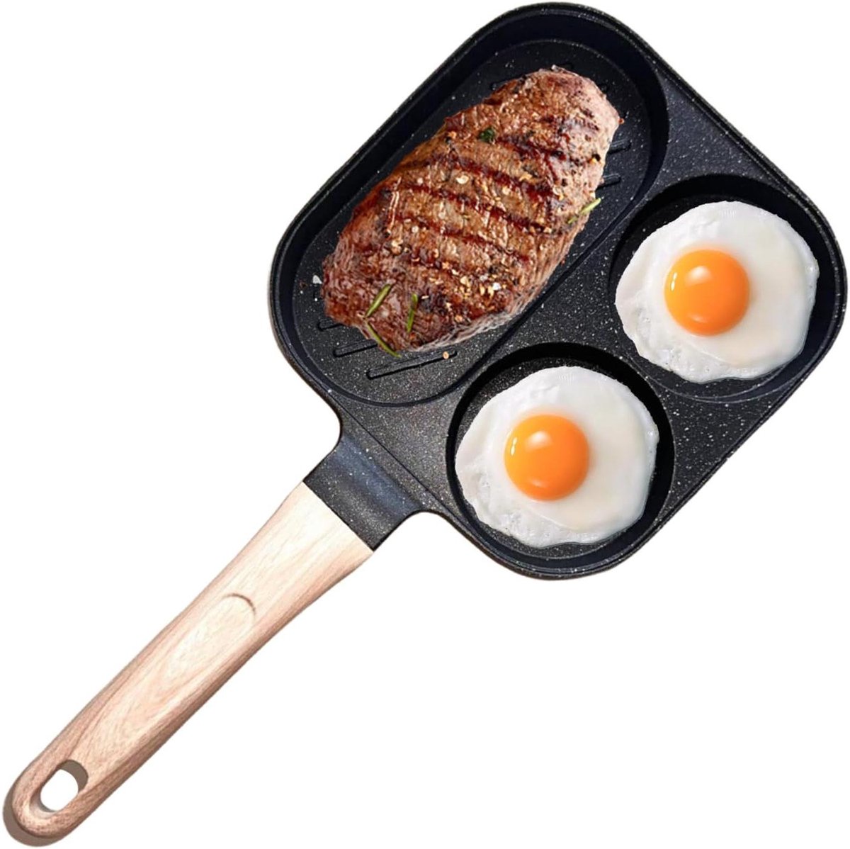 Verdeelde Ontbijtkoekenpan - Eierpan Pannenkoekenpan - Ontbijt Koken - 3 Kookzones - 25.5 cm - Zwart