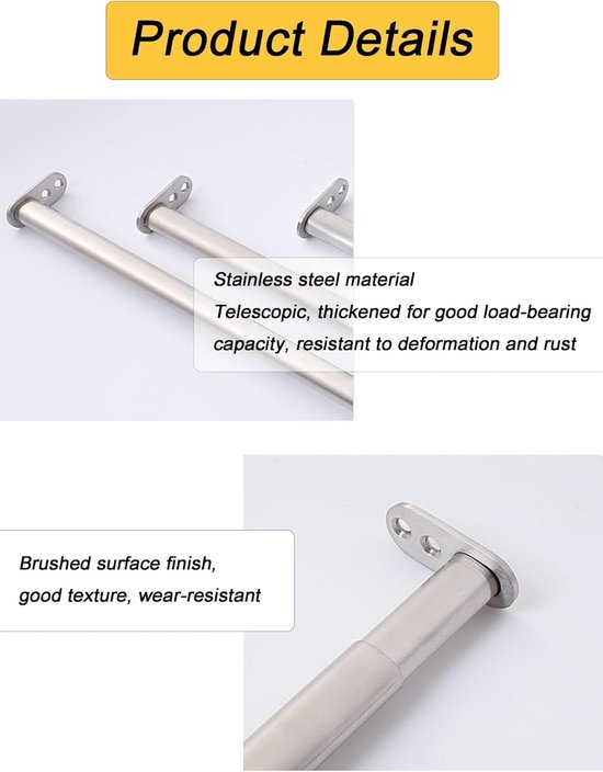 Garderobestang - Kledingroede - Kleding Opbergen - Uitschuifbaar Telescopisch - 40-140 cm - Grijs — afbeelding 4