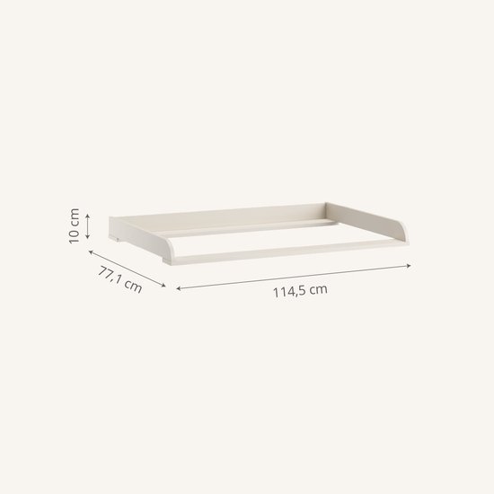 Crème commodeblad met afmetingen 114,5 cm lang, 77,1 cm diep en 10 cm hoog.