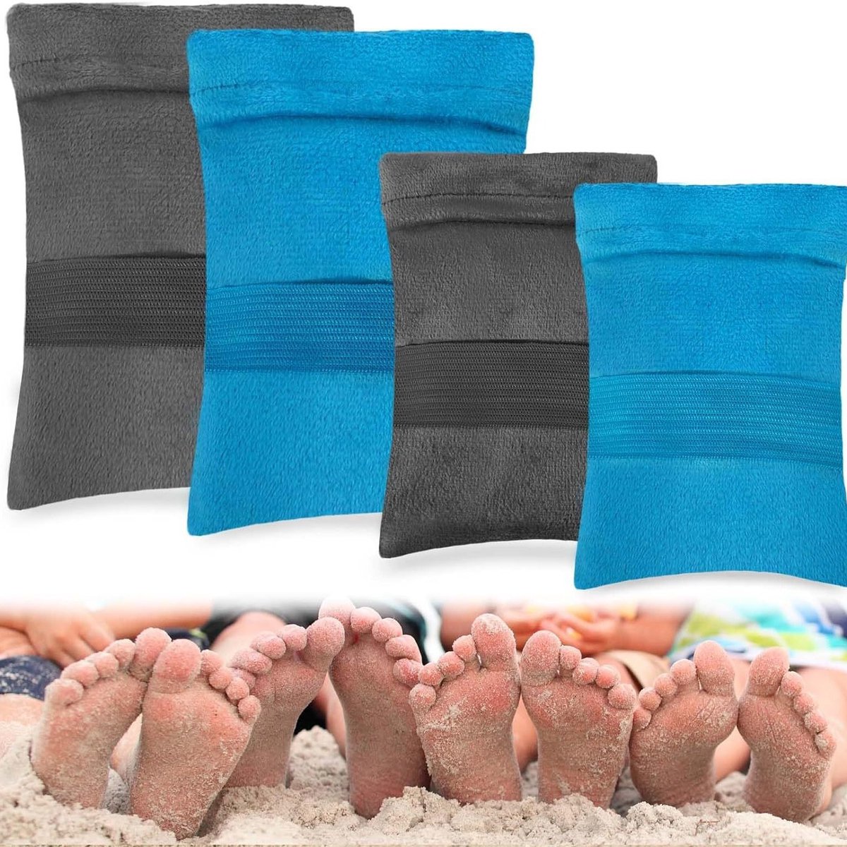 Oneay Set van 4 zakjes voor het verwijderen van strandzand — Talkvrije 'Sand-Off'-zakjes voor volwassenen en kinderen; zacht voor de huid en een onmisbare essential voor strandvakanties en kampeertrips.