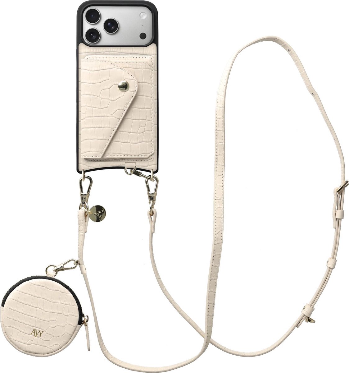 AVY Leren Hoesje geschikt voor Apple iPhone 17 Pro Max | Met Koord, Wallet en Pouch | Compatibel met MagSafe | Leather Case met 130CM Koord | Long Leather | Croco Beige