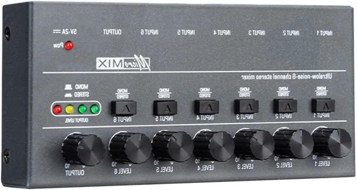 Lijnmixer - Audio mixer - Muziek mixen - Ultra laag geluid - 6 kanalen - Zilver en zwart