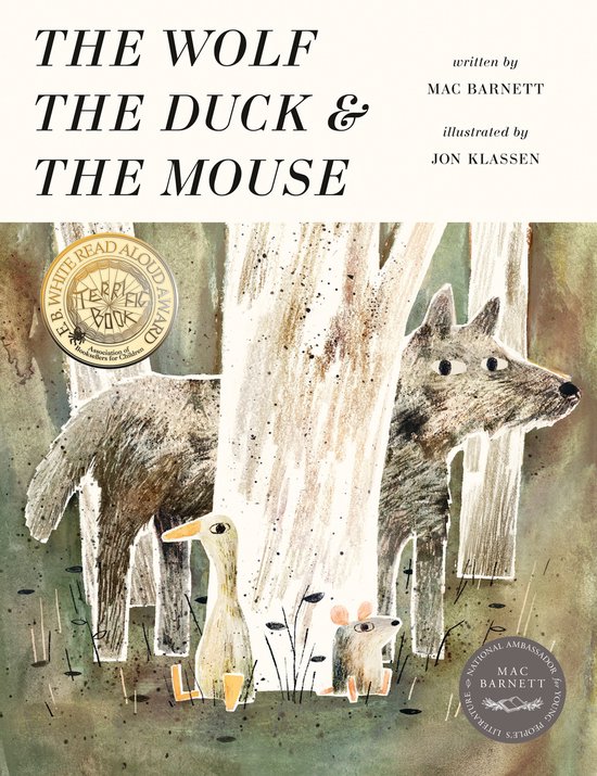 Boek kaft met de titel "The Wolf, The Duck & The Mouse", met illustraties van een wolf, een eend en een muis.