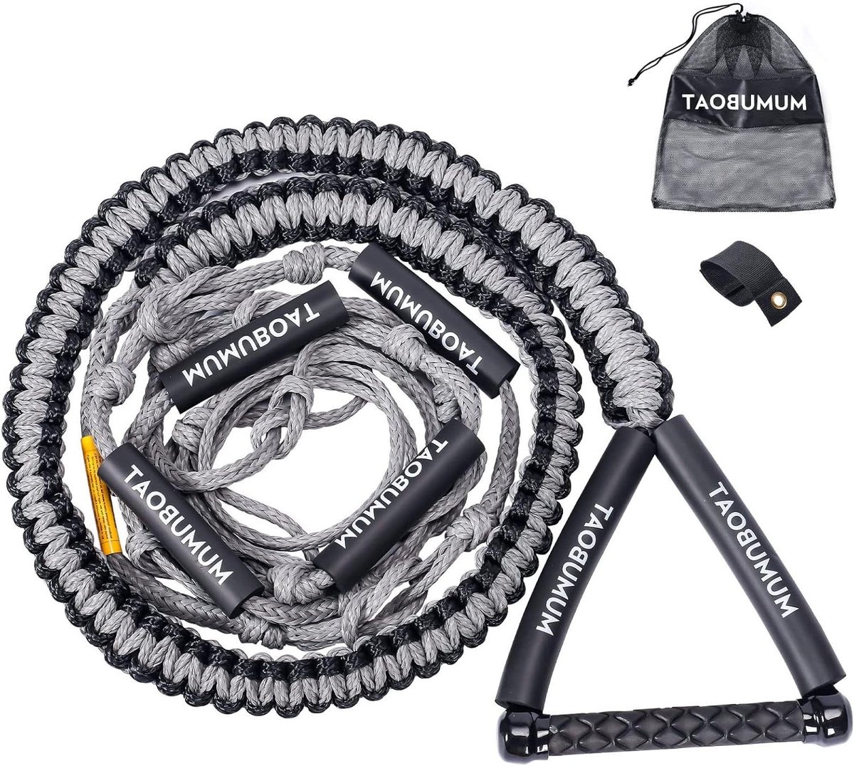 Wakesurf touw - Watersport lijn - Wake surfen - Drijvend handvat - 25 voet - Grijs en Zwart