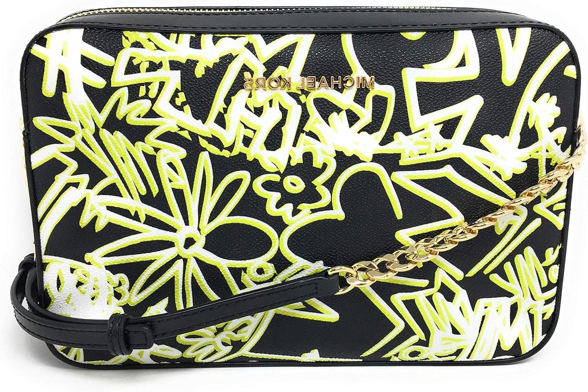 Crossbody Handtas - Schoudertas Dames - Dagelijks Gebruik - Unieke Street Art Print - Groot Formaat - Zwart Neon Geel