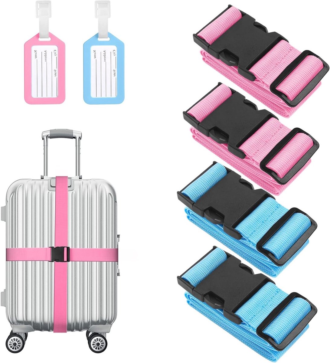 Premium Kofferriem Set van 4, Verstelbare Antislip Bagagestraps, Lange Kofferbanden en Kofferhangers voor Veilige Reis, Roze en Blauw