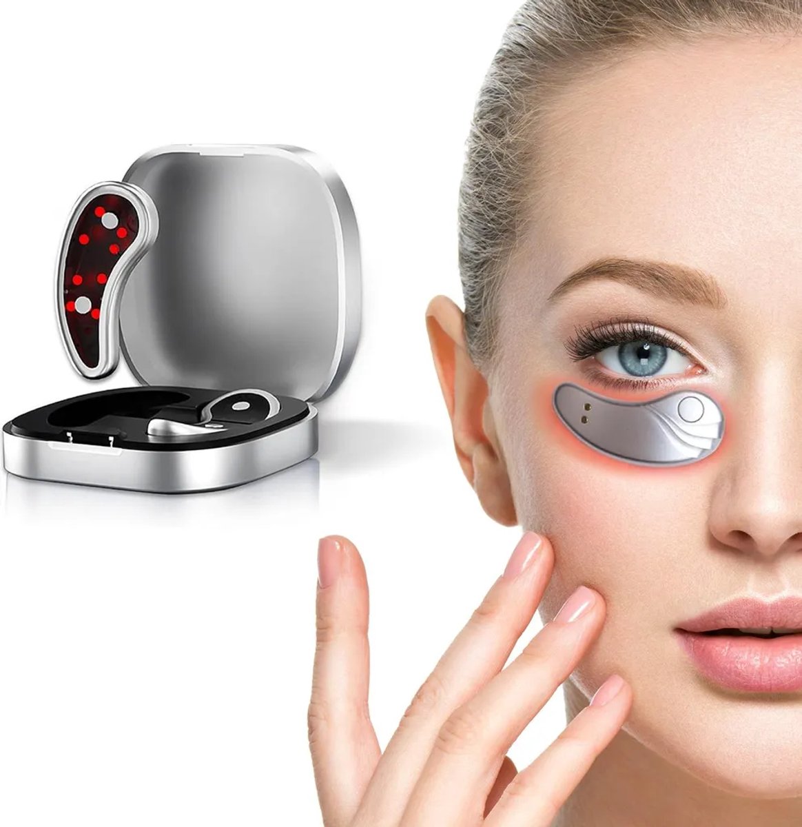 Oogmassager, mini-oogmasker – EMS-microstroom, rood licht, verstevigt en ontspant de ogen.