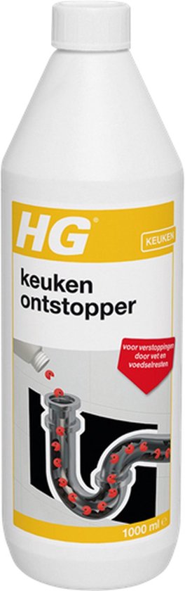 Fles HG keuken ontstopper, 1000ml. Met illustratie van verstopte leiding door voedselresten.