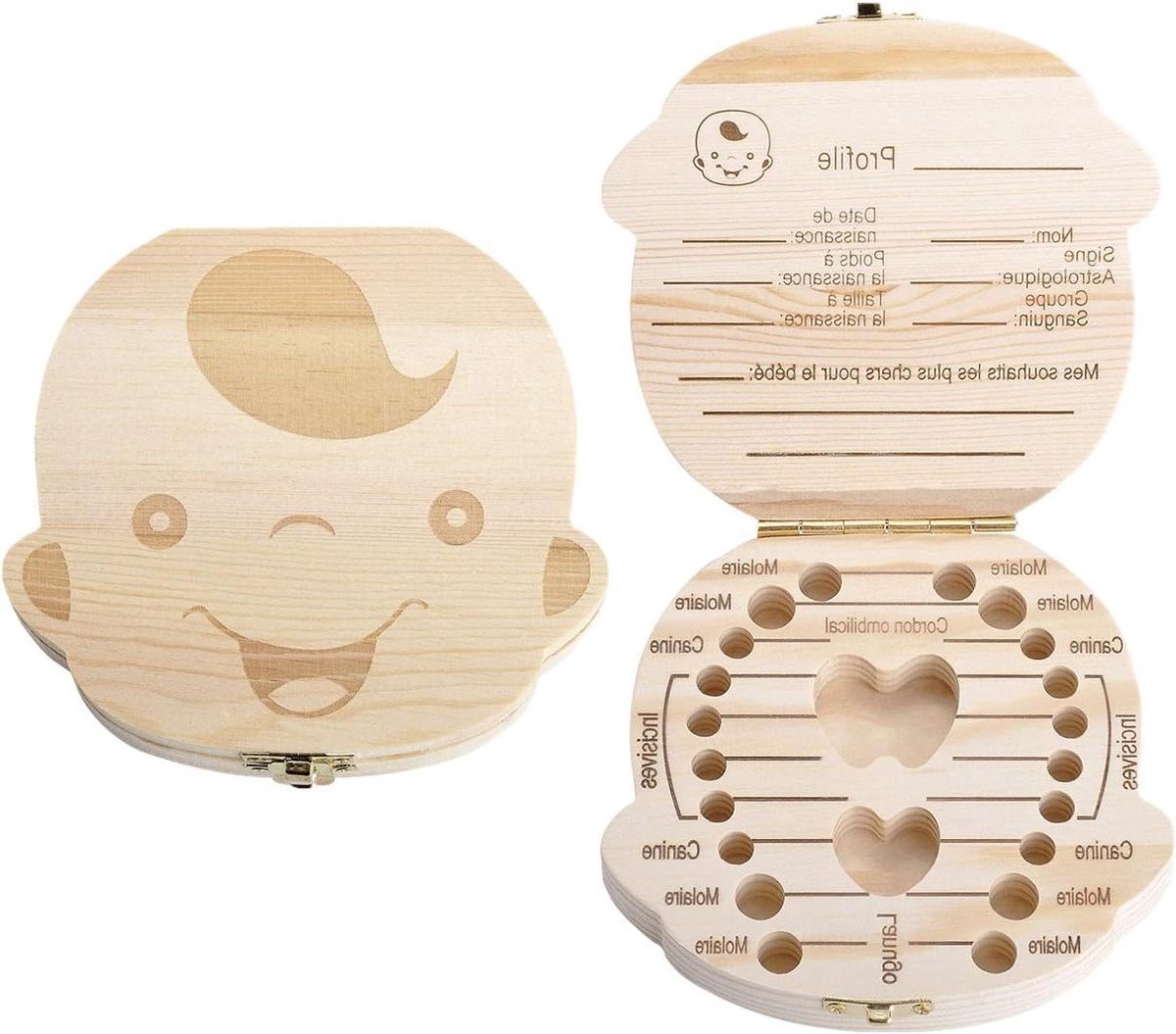 Melktanden Doosje - Tanden Bewaren - Baby Aandenken - Franse Taal - 12 cm - Houtkleur