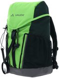 Limegroene rugzak met Vaude logo, donkergroene accenten, mesh vakken en vergrootglas.