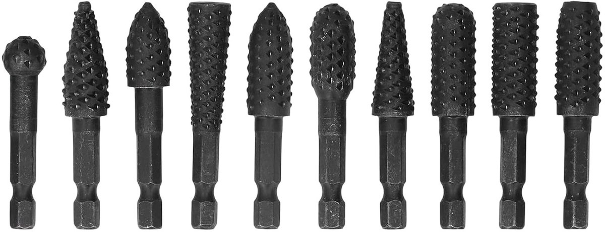 10-delige Boor Set voor Houtbewerking met Roterende Schuurpunten, 1/4 Inch Hex Shank voor Hout, Kunststof en Polijsten