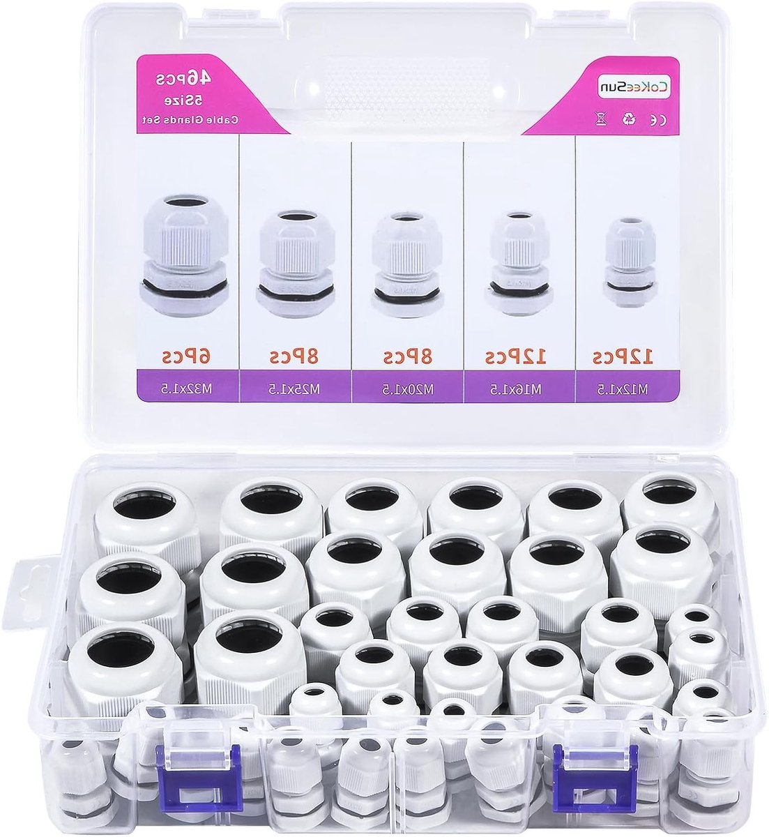 Complete Set van 46 Waterdichte Kabeldoorvoeren voor M12 M16 M20 M25 M32, Verstelbare Nylon Kabelverbindingen voor Buiten en Tuinbesturing