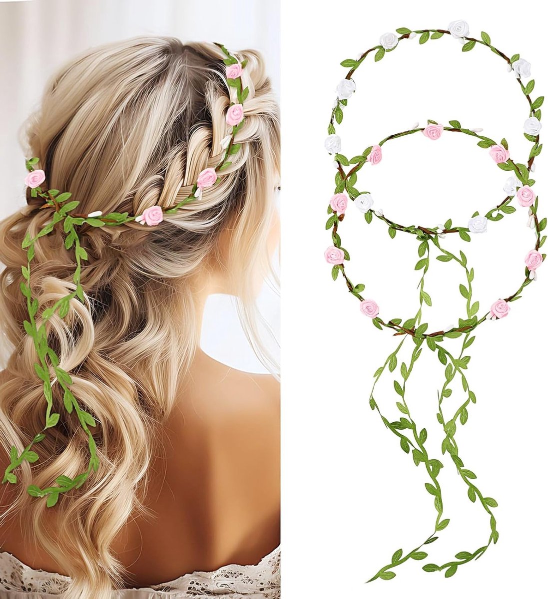 Elegante Bloemenkrans Set van 2, Handgemaakte Bohemian Hoofdband voor Bruiloften, Festivals en Feestjes, Perfecte Haaraccessoires in Wit en Roze