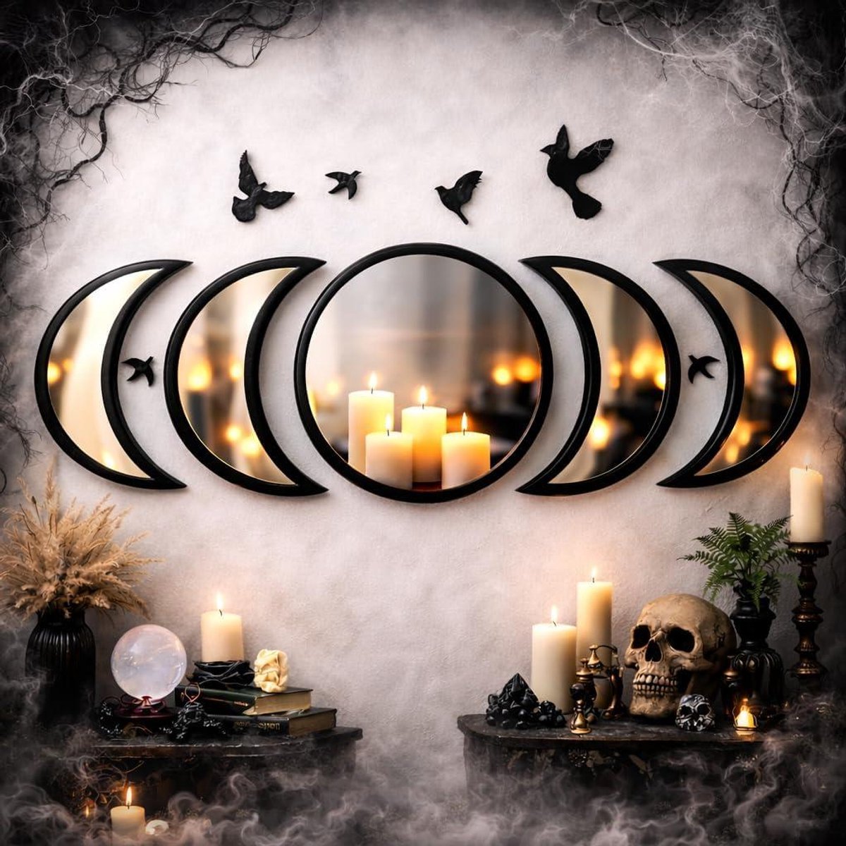 Maanfase Spiegel Set - Boho Wanddecoratie - Woonkamer Decoratie - Hout en Acryl - 5 Delig - Zwart
