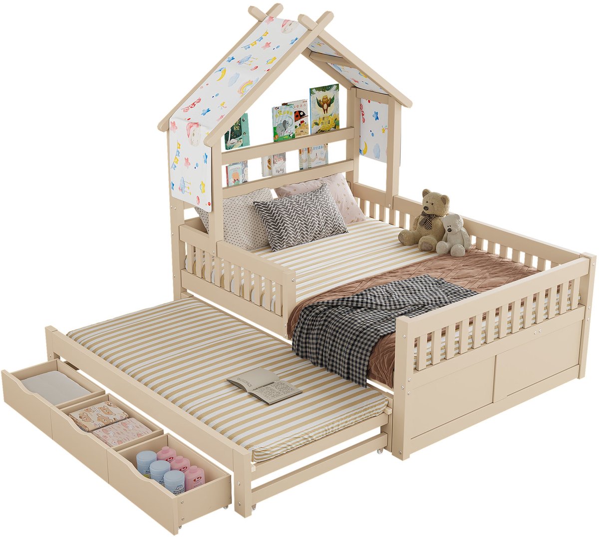 Merax Bed in Huisvorm 140x200 cm - Bed met Opbergruimte - Uitschuifbaar Logeerbed - 3 Laden - Hout - Crèmekleur