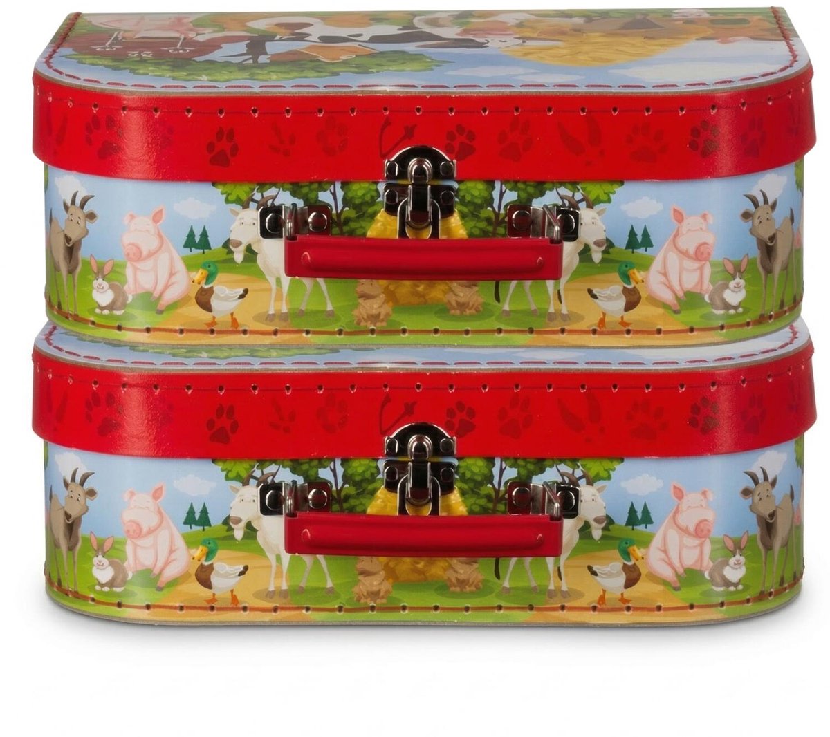 Kinderkamer opberkoffer boerderij thema - 2x - rood - 25 cm - karton - kinderkoffer - speelkoffer