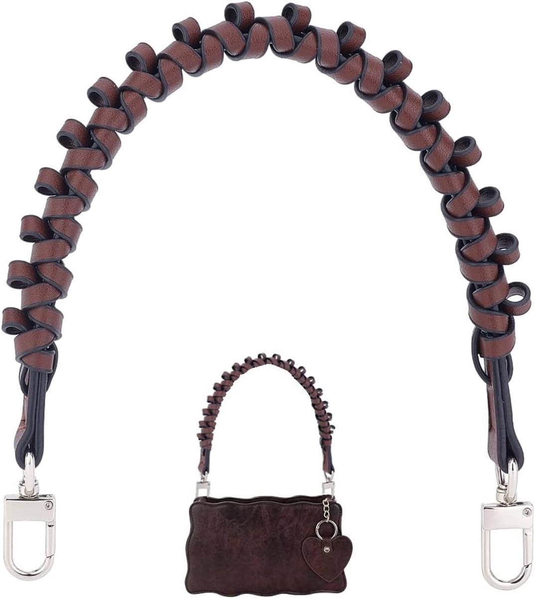 Korte Handtasriem Vervanging van Bruin PU Leer met Woven Handgrepen en Zilveren Gesp voor Dameshandtassen, 43 cm, Handgemaakte Tasaccessoires