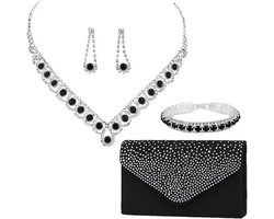Avond clutch + 4-delige sieradenset – satijn met strass/zirkoon look – mix (zwarte clutch & zilverkleurige accenten) – Bruiloft/galafeest