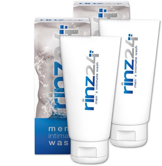 Twee tubes en een doos van Rinz24 men's intimate wash, met blauwe en witte opdruk.