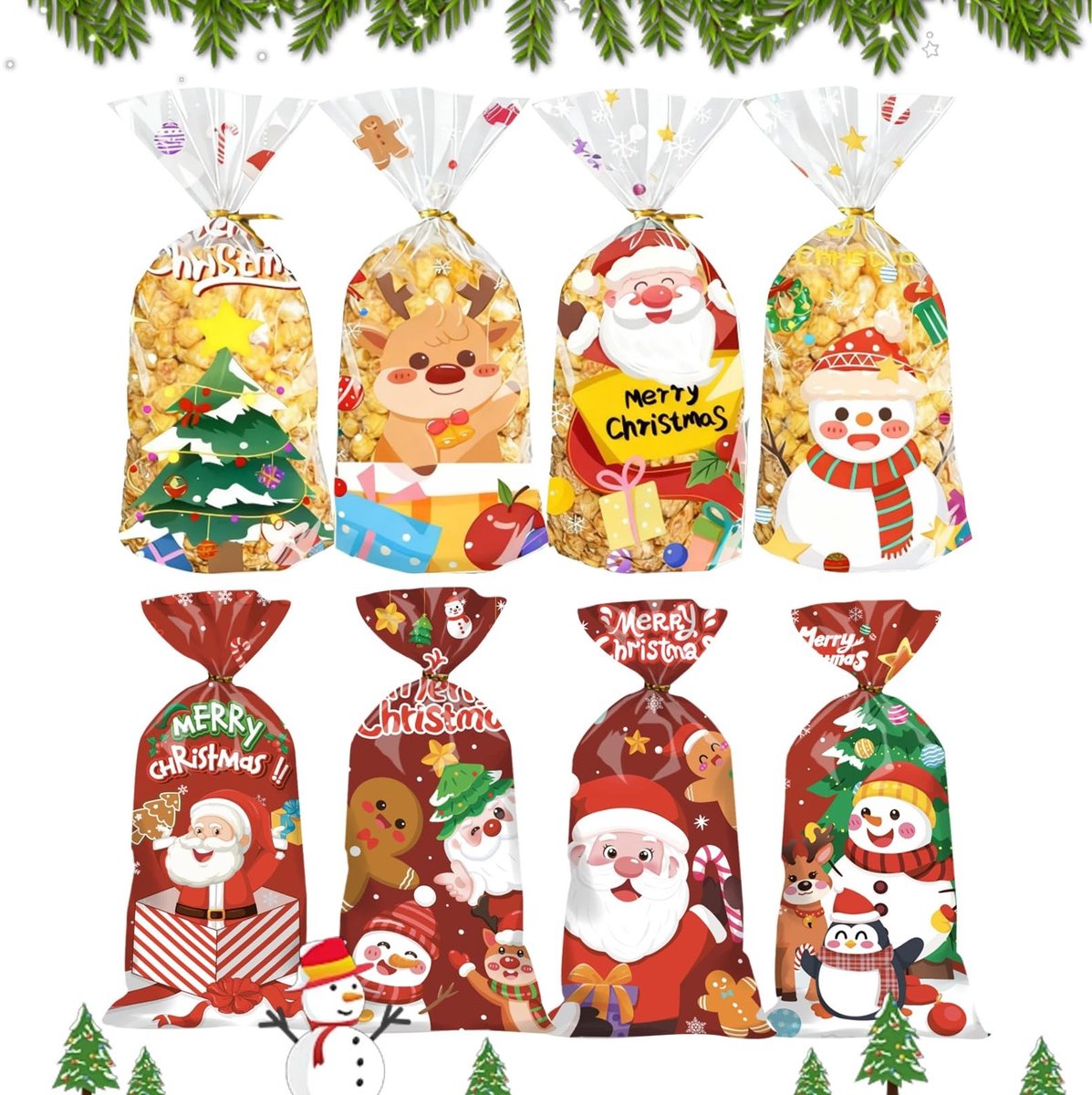 Dailygoods- Snoepzakjes 100 stuks - Kerstzakjes 27 x 12,5 cm - Cellofaanzakjes - Gouden linten - Voedselveilig - Perfect voor traktaties - Cadeauzakjes