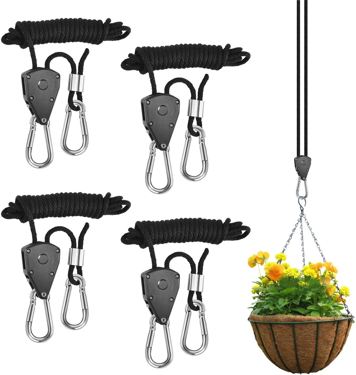 Dailygoods- Touwratel Verstelbaar - 4 Stuks - 150 lbs Gewichtscapaciteit - 2,4 m Koordtent Scheertouwen - Nylon/Metaal - Voor Kampeeruitrusting - Katrol