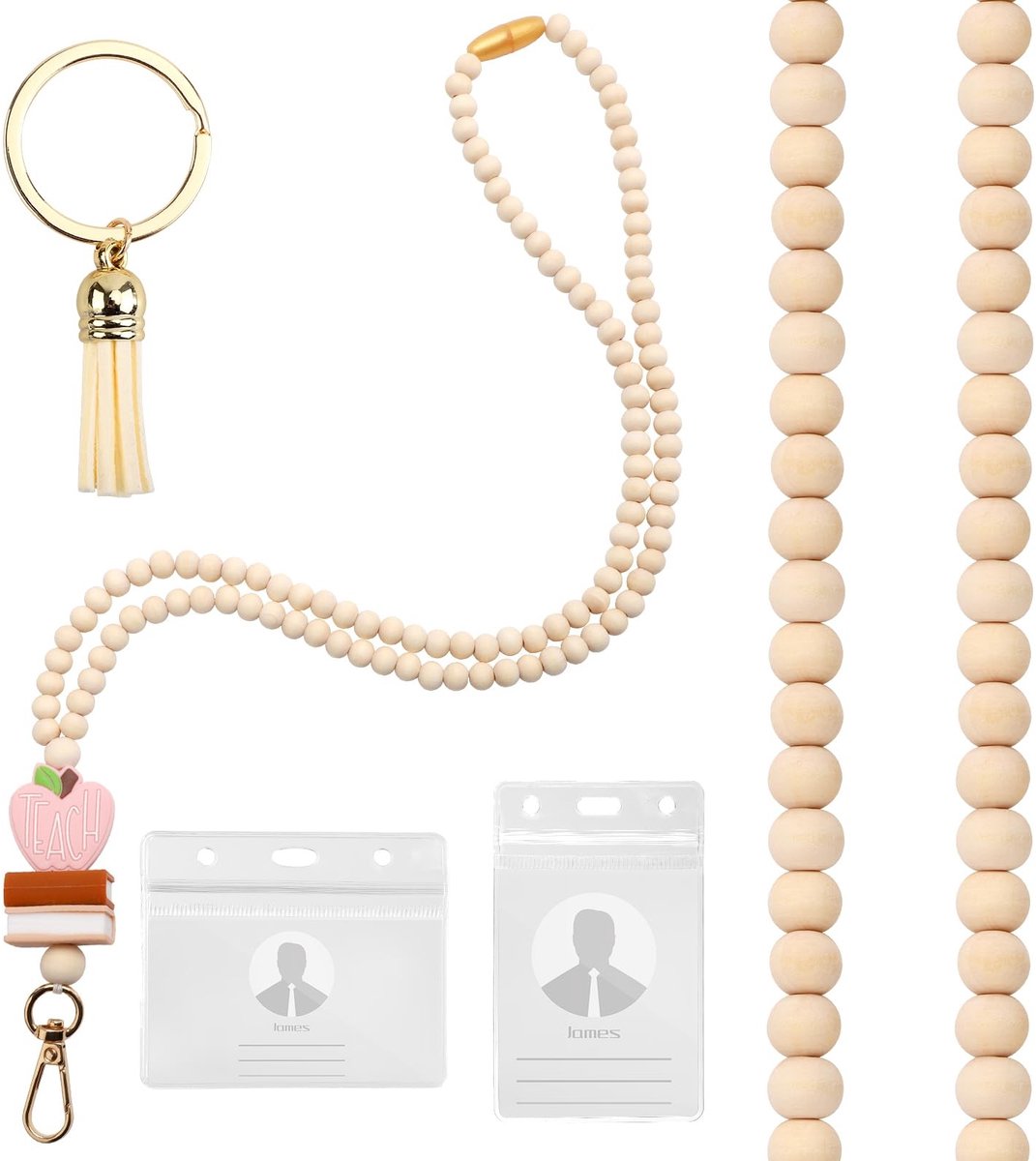 Dailygoods- Lanyard met ID-houder - Houten Kralen - Sleutelhanger - 53 cm - Gramineus Hout - Premium Materiaal - Identiteitskoord