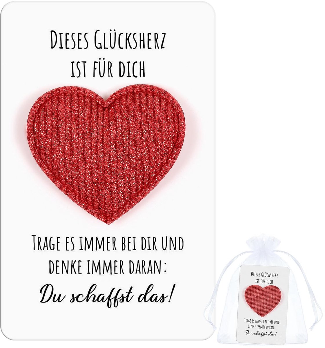 Dailygoods- Geluksbrenger - Geschenken set met hart - Bemoedigingscadeau - Stoffen zakje - Compact formaat - Inspirerende kaart "Du schaffst dit!