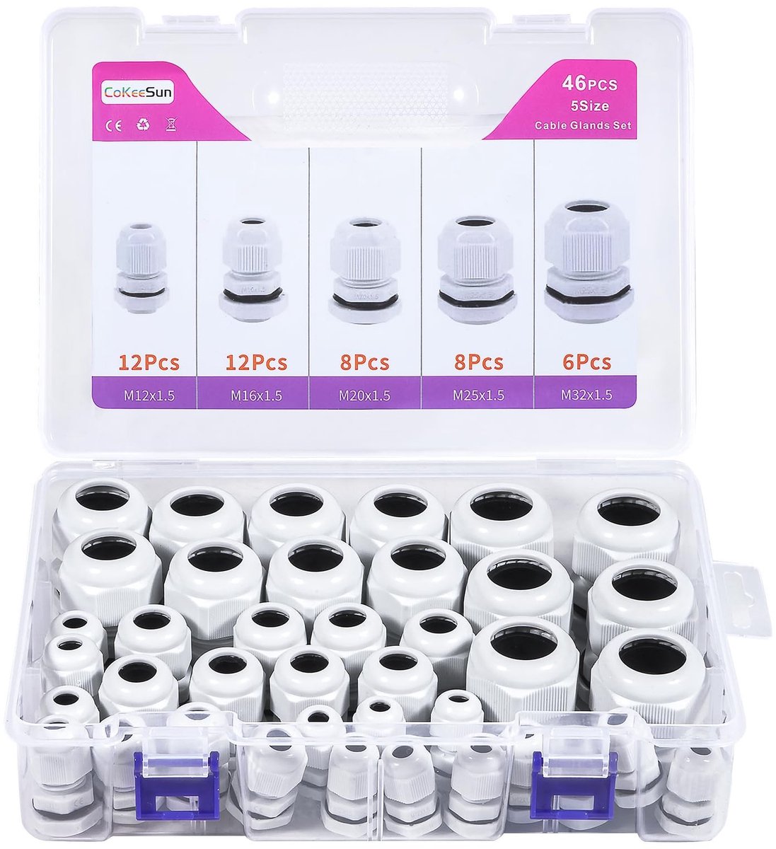 Dailygoods- Kabeldoorvoer IP68 Waterdicht - Kabelconnectoren - Set van 46 Stuks - M12/M16/M20/M25/M32 - Verstelbaar - Nylon met Opslagdoos - Kabelconnector