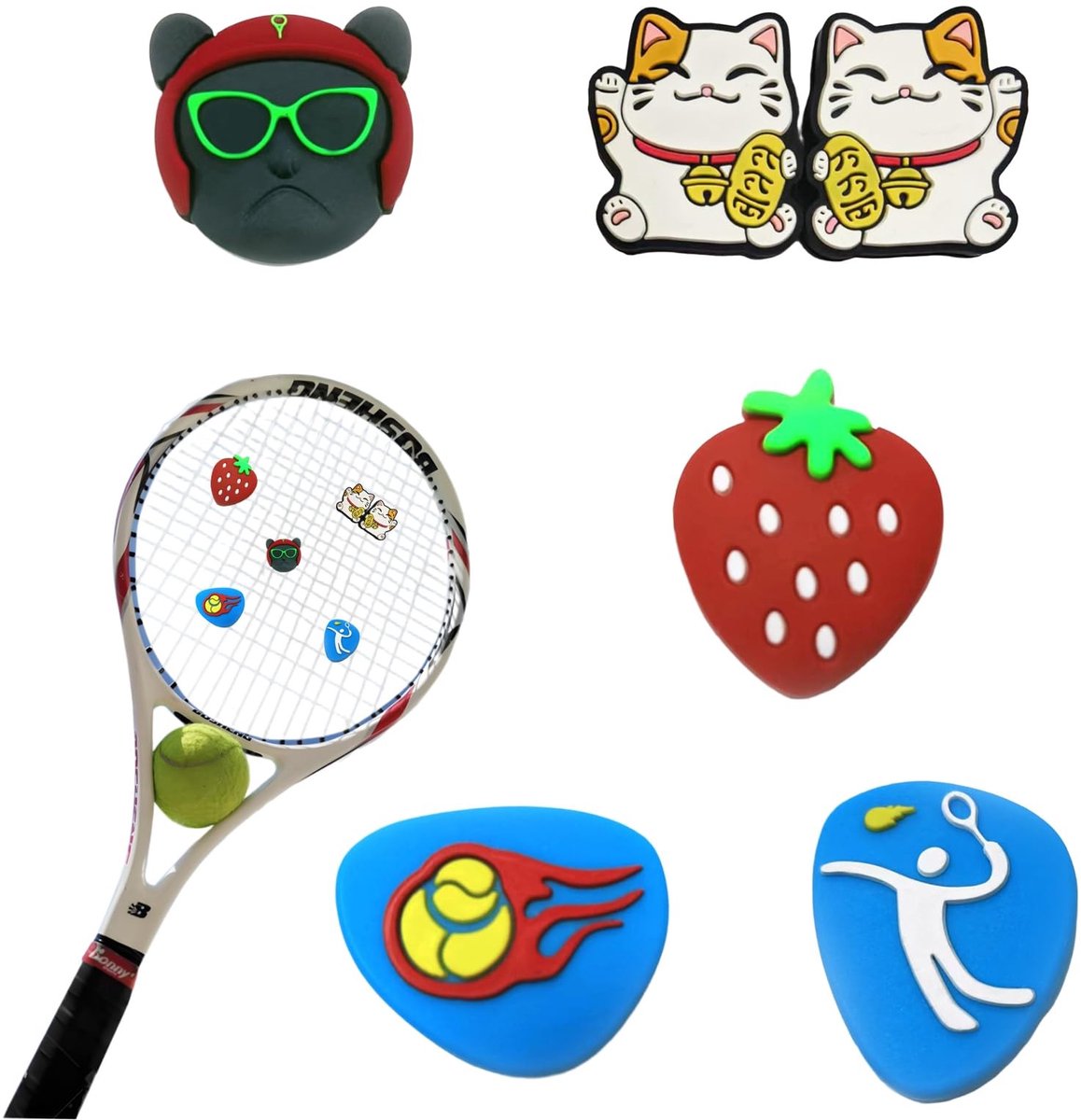 Dailygoods- Tennisracketdempers 5 Stuks - Schokdemper Kinderen - Cartoon Dempers - Trillingsdemping - Ideaal voor Training/Wedstrijden - Hoogwaardige Siliconen