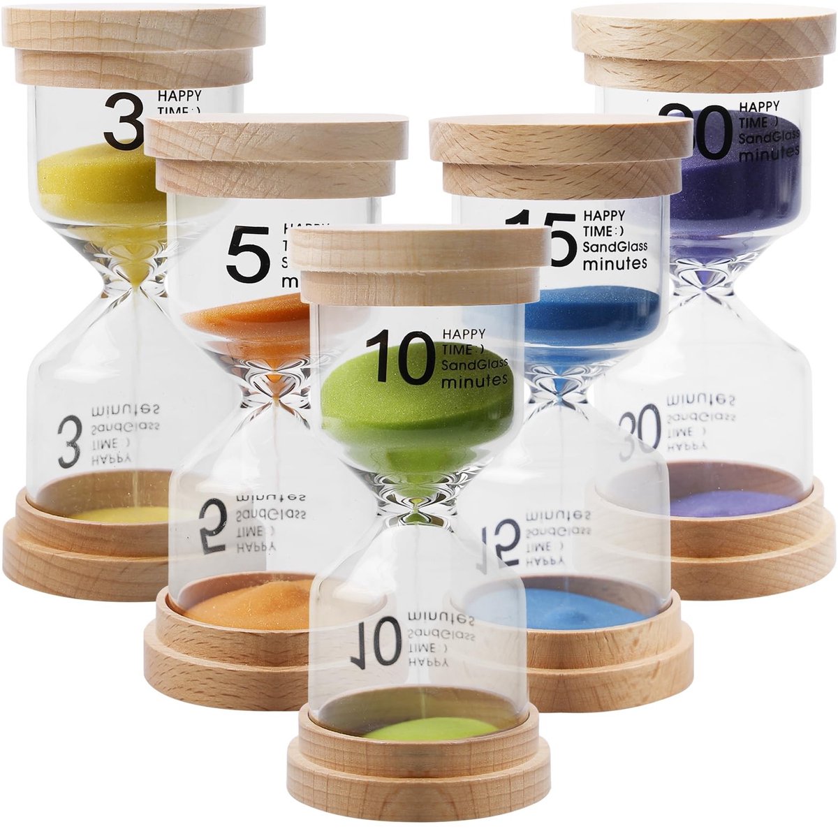 Dailygoods- Zandloperset 6 stuks - Kleurrijke zandlopers - Tijdsaanduiding 3/5/10/15/30 minuten - Robuuste structuur - Geschikt voor kinderen - Bevorderd concentratie - Timer