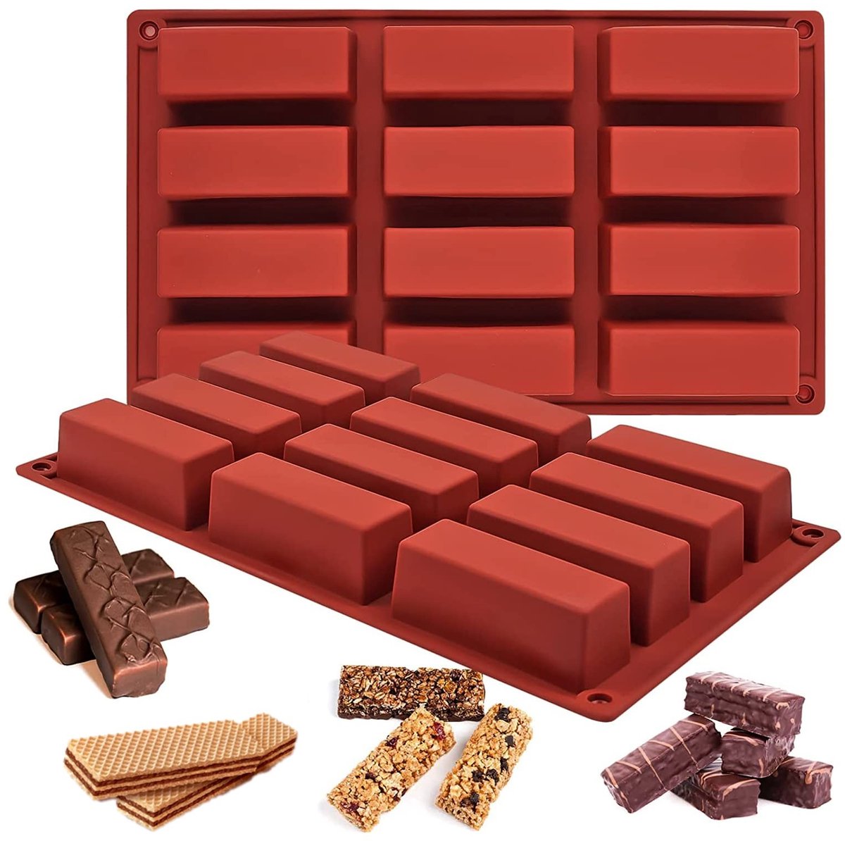Dailygoods- Siliconen Vormrepen - 2 Stuks - 12 Gaten - Geschikt voor Mueslirepen/Chocolade/Brood - Hoogwaardig Siliconenmateriaal - Temperatuurbestendig van -40 tot 230 Graden Celsius - Bakvorm