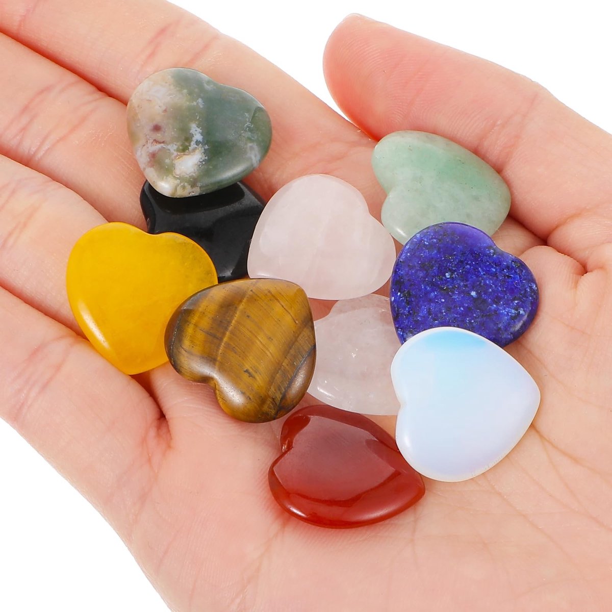 Dailygoods- Hartvormige Stenen Set van 10 - Natuurlijke Edelstenen - Helende Kristallen - Mini-Chakra-Stenen - Zorgenstenen - Geschikt voor Yoga/Meditatie