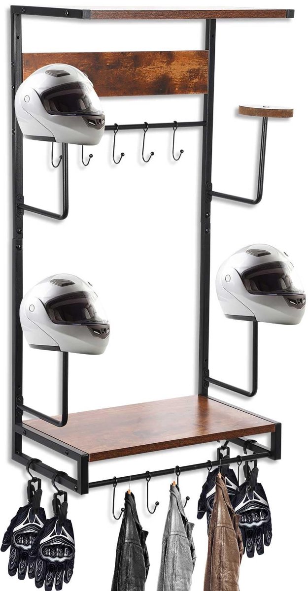 Dailygoods- Helmhouder Muurbevestiging - Motorhelm Kapstok - Houten/IJzeren Beugel - 10 J-Haken - 82x43x25.5cm - Opslagstandaard - Helmrek