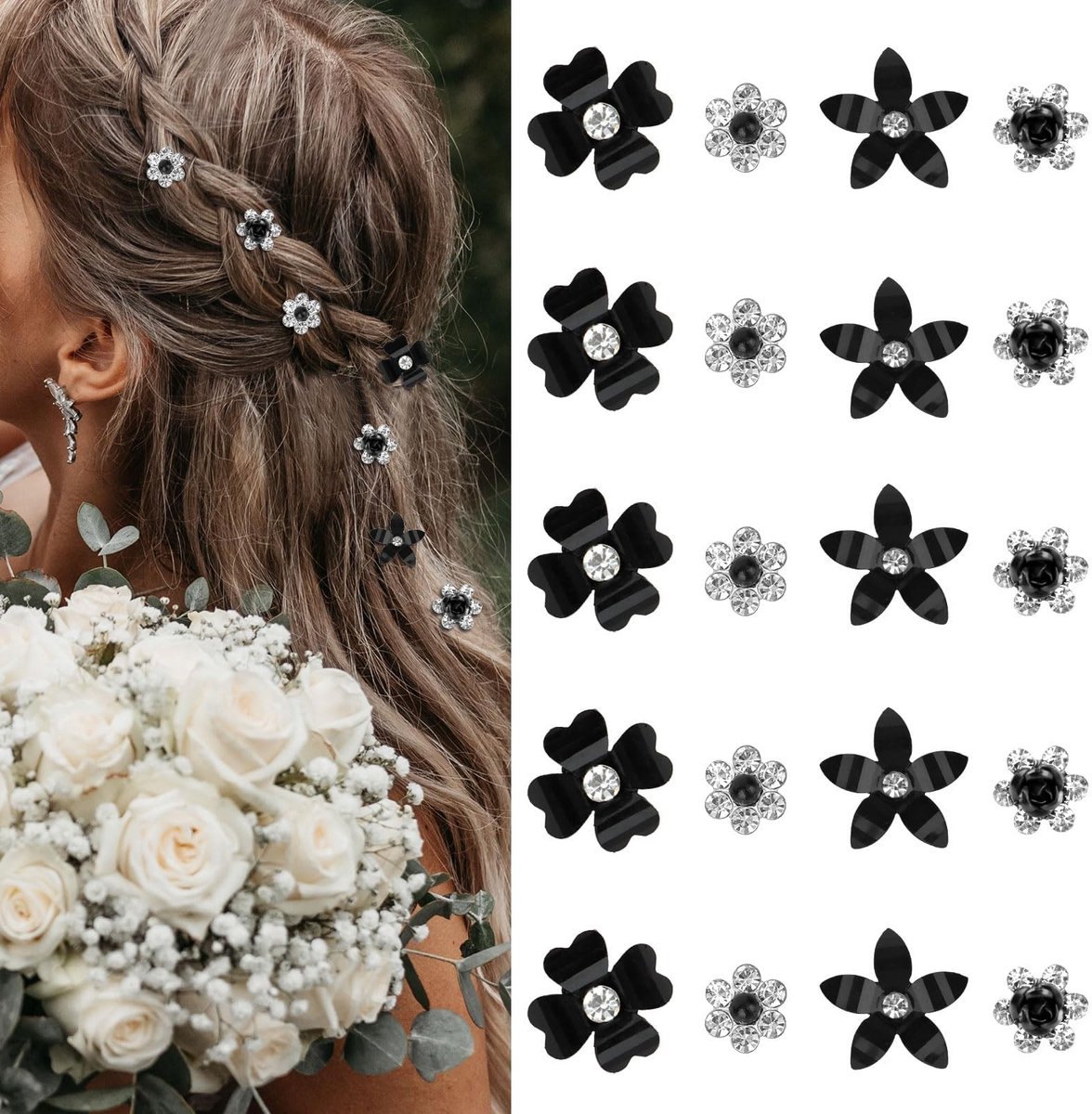 Dailygoods- Bloemenhaarspelden 20 Stuks - Mini Haarspelden - Decoratieve Haaraccessoires - Bruidshaarspelden - Glinsterende Strass - Duurzaam Hars
