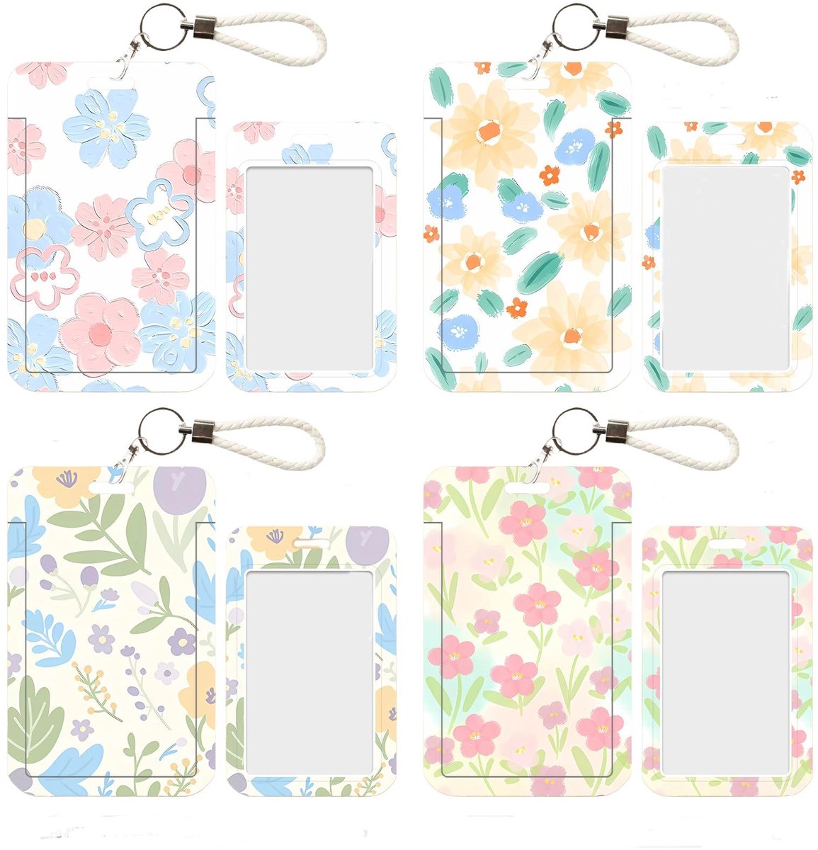 Dailygoods- Kaarthouder met bloemenpatroon - Fotokaarthouder - ID-kaarthouder - Kaarthouder met sleutelhanger - 4 stuks - Schokbestendig en duurzaam