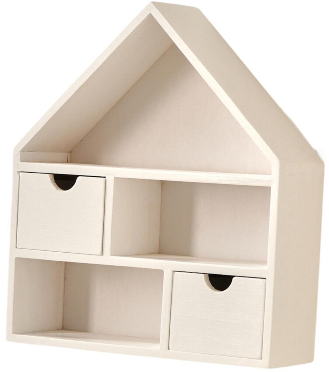 Houten geschenkdoos in de vorm van een huisje, met afmetingen van 29,5 x 9,5 x 34 cm.