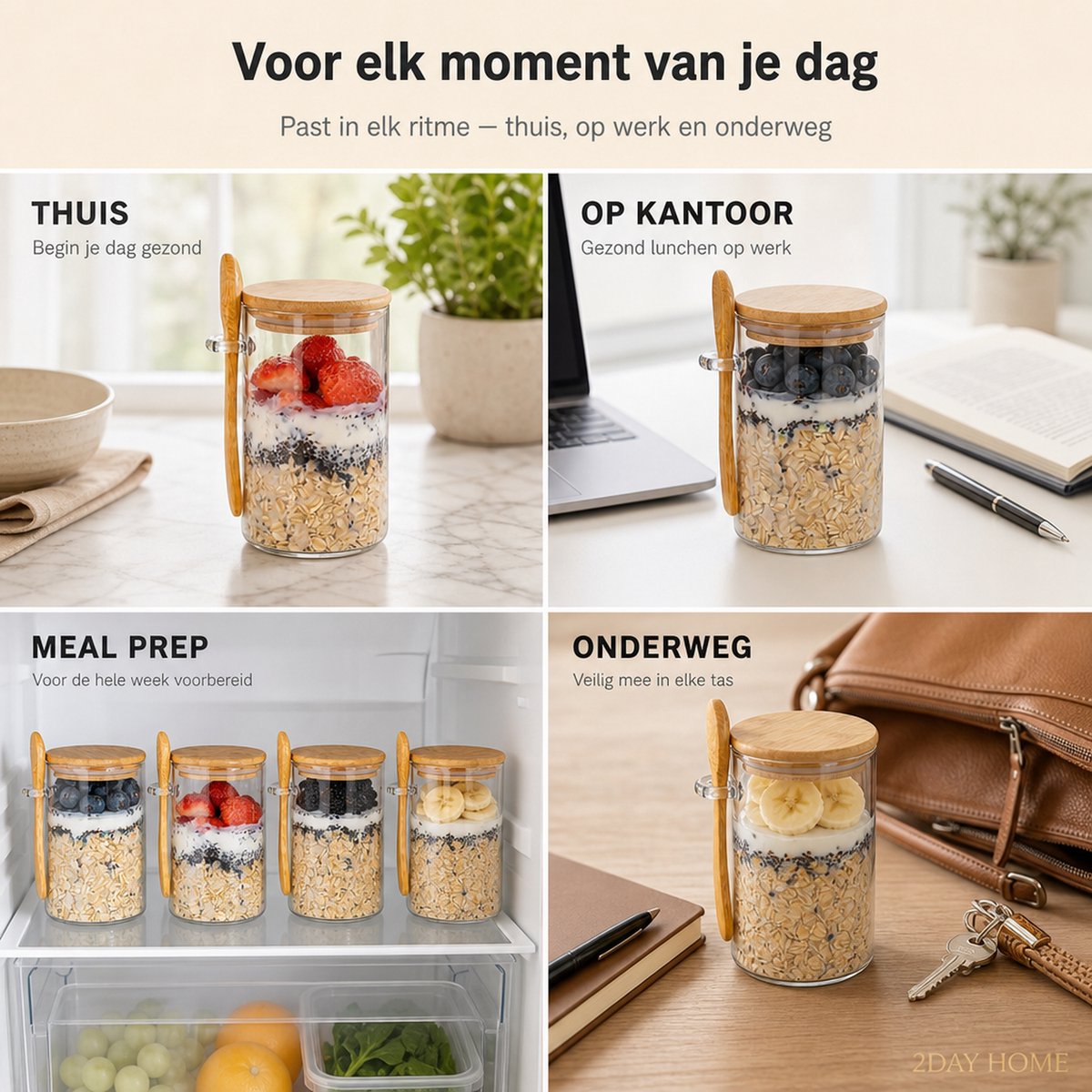 2DayHome Overnight Oats Potjes Glas - Set van 4 met Bamboe Deksel en Lepel - 500 ml - Luchtdicht - Muesli Beker - Yoghurtbeker - Lunchpot - Havermout Ontbijtpotjes - Meal Prep Glazen Voorraadpotten met Deksel - Incl. Receptenboek — cadeau in Kookcadeaus - foto 4