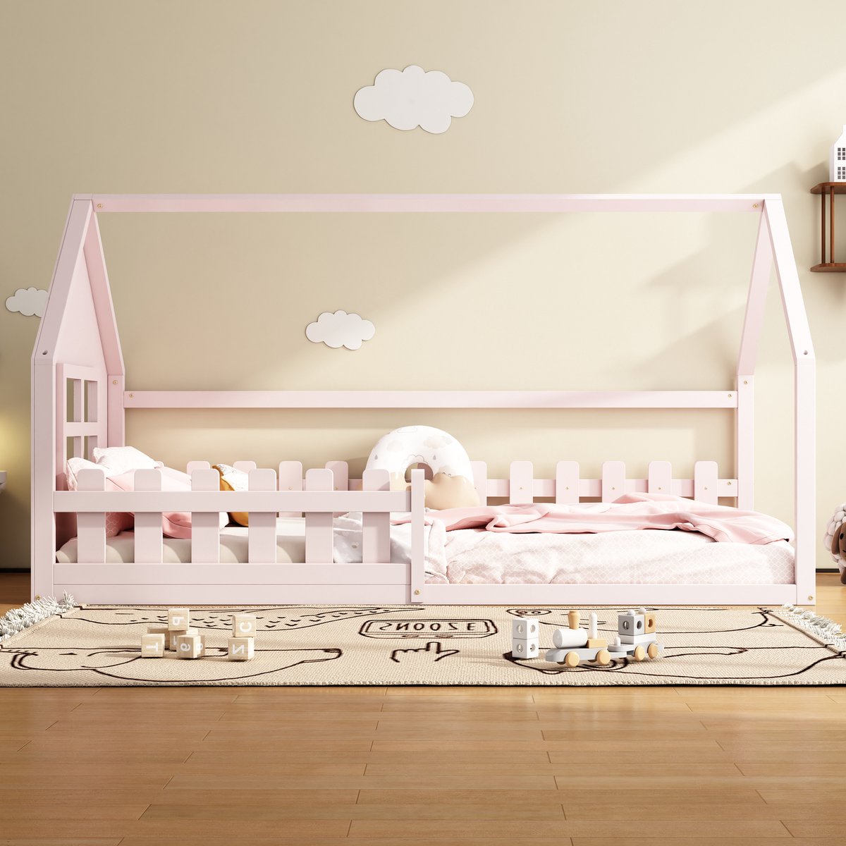 Solvenrik Montessori Huisbed 90x200 cm – Houten Kinderbed in Huisvorm – Roze