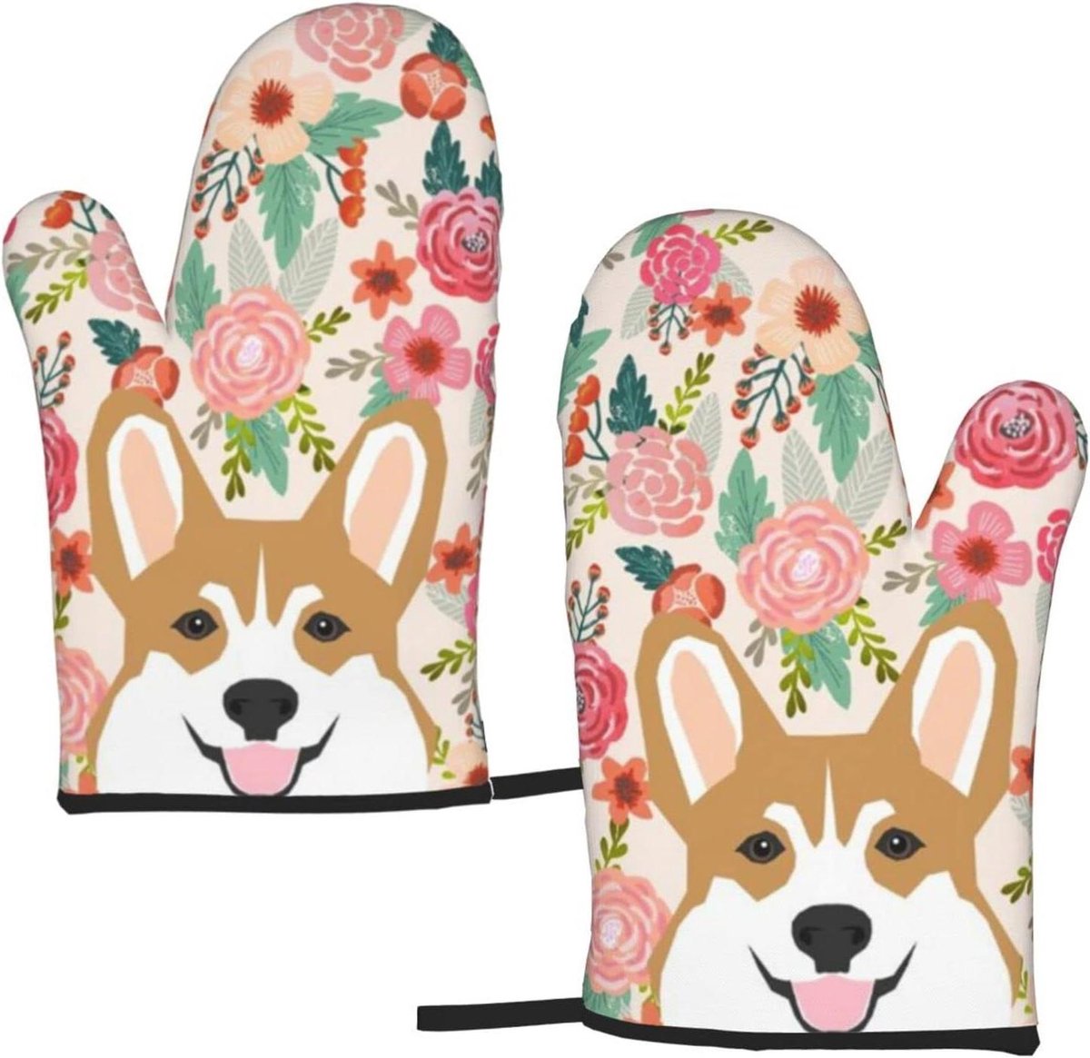 Corgi Bloemen Ovenwanten Antislip Hittebestendigheid Magnetron Handschoenen Waterdichte Keuken Oven Handschoenen voor Bakken Koken Grillen BBQ