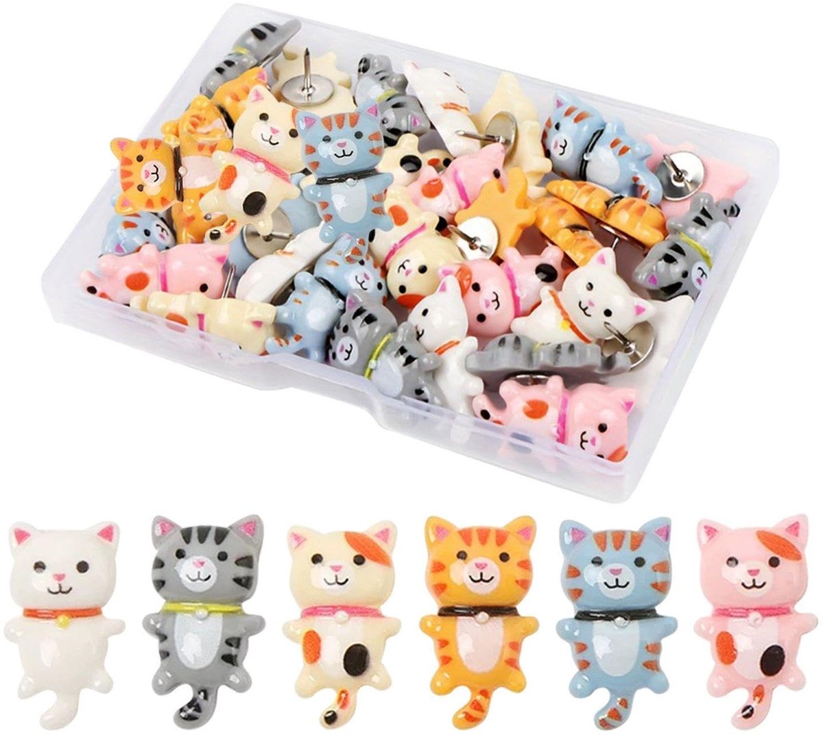 Dailygoods- Punaises Kleurrijk - 30 Stuks - Decoratieve Punaises - Kunsthars - Kattenontwerp - Formaat 2,6 x 1,5 cm - Decoratieve Prikborden